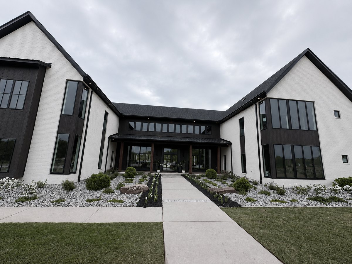 A freshly washed modern brick home exterior