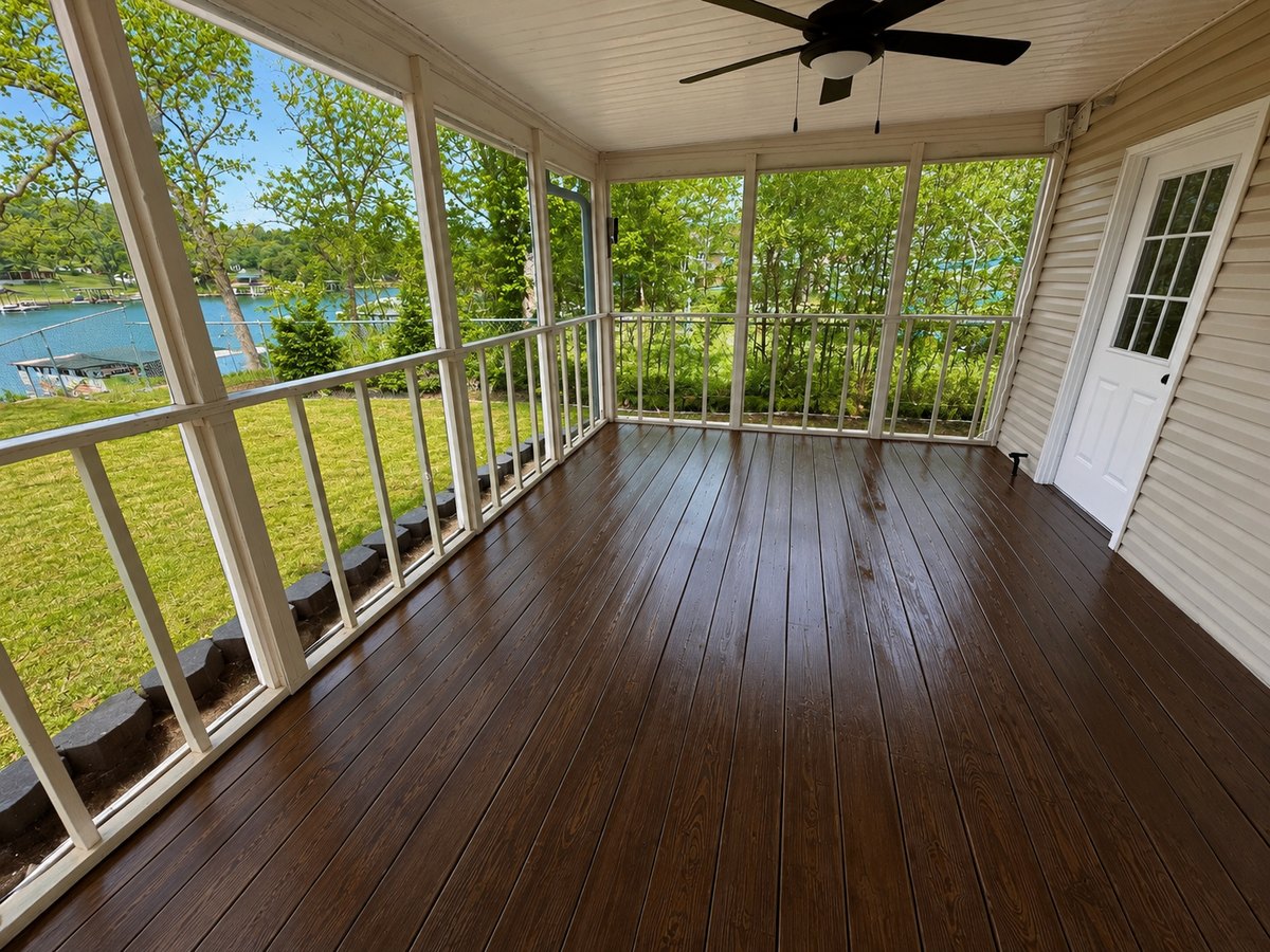 A screened porch with a freshly cleaned and sealed stained wood floor