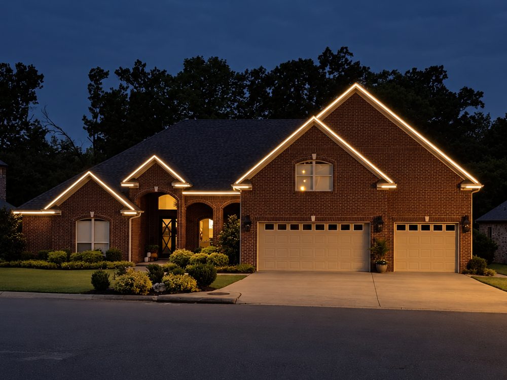 The same home after dark with its warm white permanent lighting on