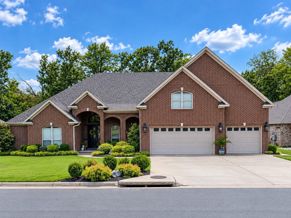 A brick home in Central Arkansas in daylight, with no lighting visible along its rooflines