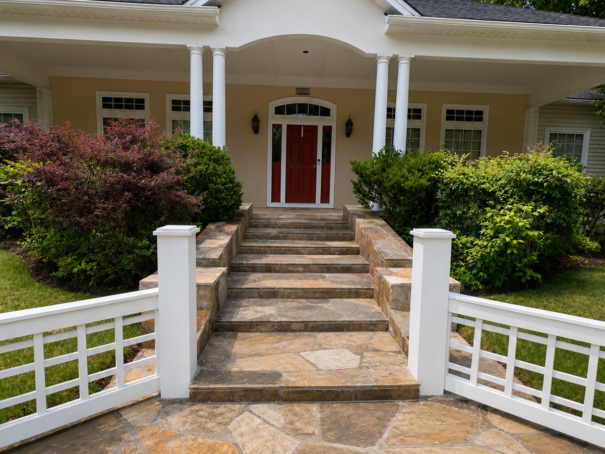 A flagstone entry and steps after cleaning and sealing