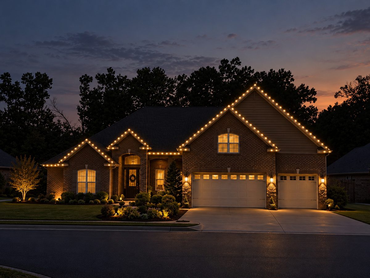 Warm white permanent lighting along the gables and eaves of a brick home at dusk