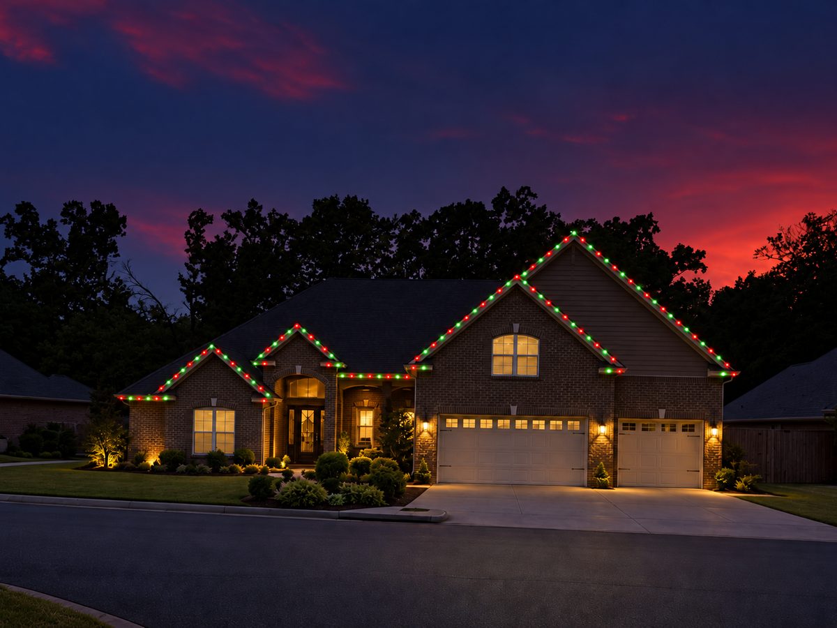 A brick home with its permanent roofline lighting set to a red and green holiday scene
