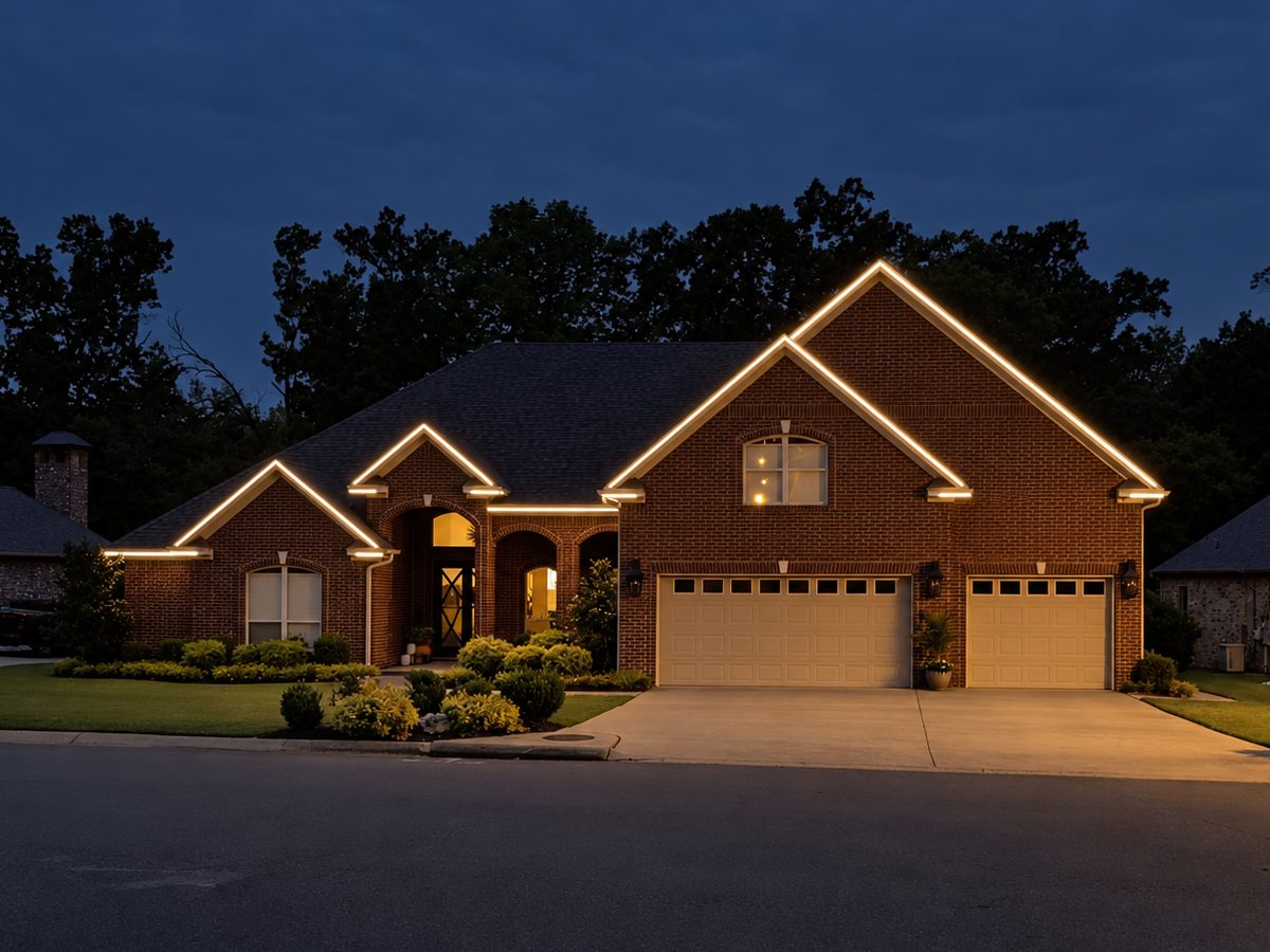 Warm white permanent lighting tracing the gables of a brick home after dark