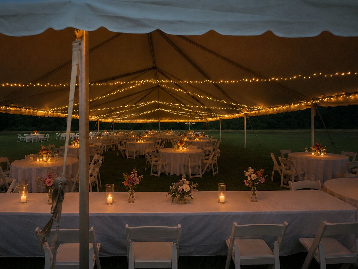 String lighting layered across a reception tent over candlelit tables