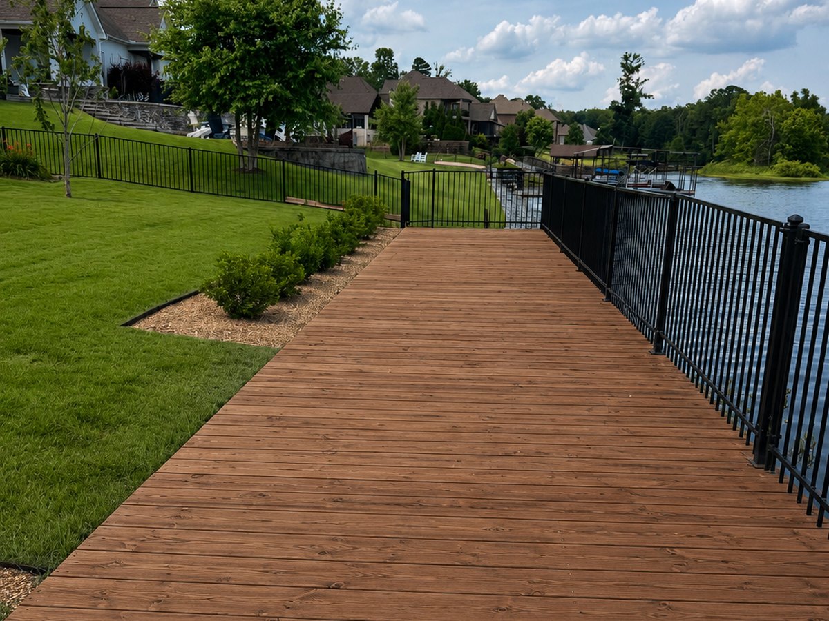 A freshly cleaned and stained wooden dock walkway leading out to the lake