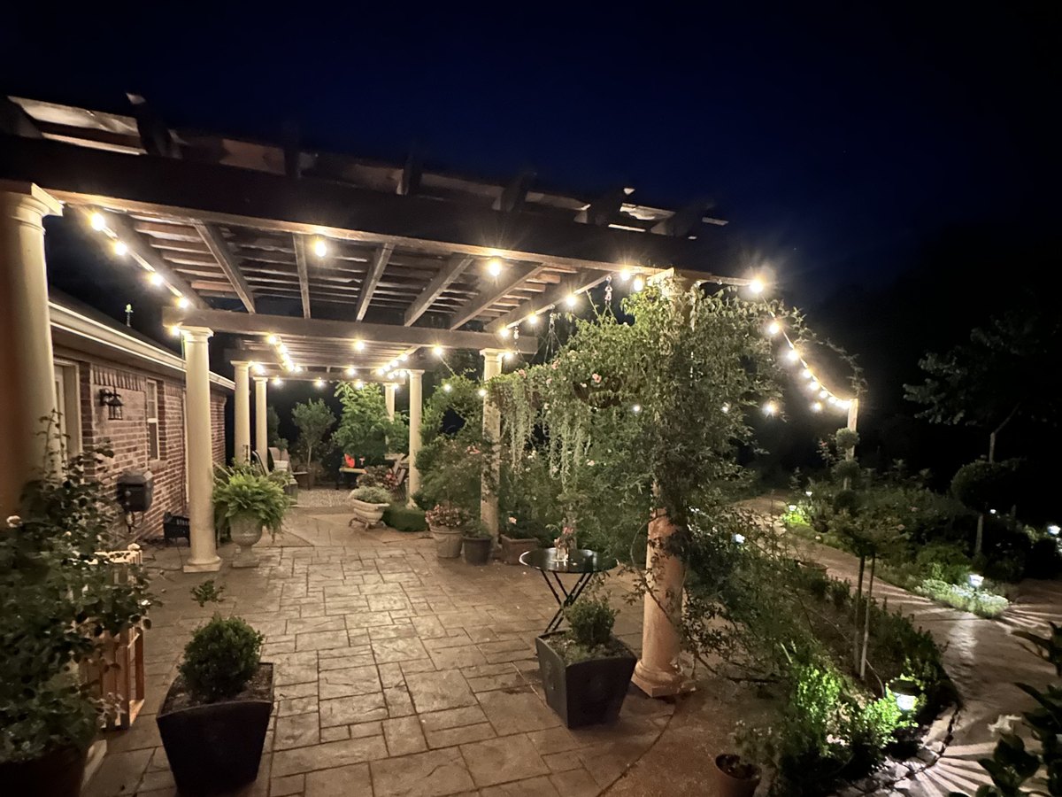 String lighting over a stone patio with lit garden beds and pathway